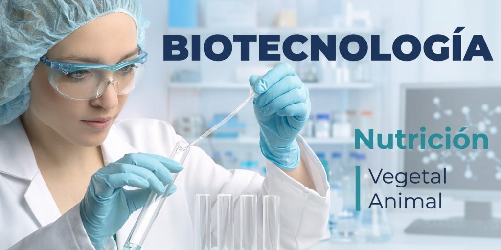 Científica en laboratorio usando pipeta y tubos de ensayo en un banner con los textos Biotecnología y Nutrición Vegetal Animal.