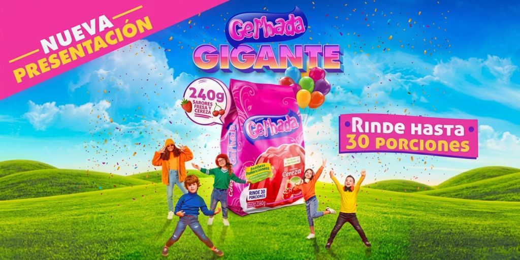 Banner de nueva presentación de Gelhada Gigante de 240g sabor fresa y cereza, con el mensaje rinde hasta 30 porciones y niños celebrando en un paisaje verde.