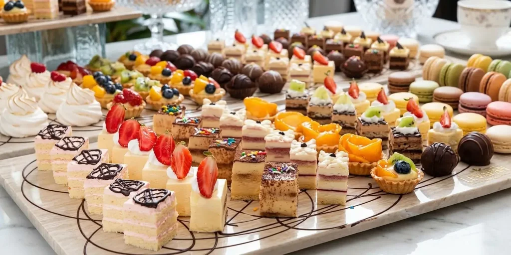 Mesa de postres con variedad de minicakes, macarons de colores, tartaletas de frutas, trufas de chocolate y merengues sobre una bandeja.