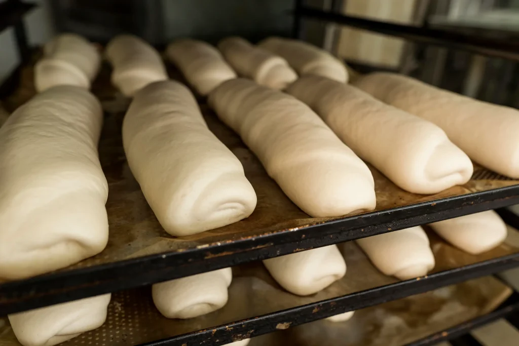 Panes alargados en bandeja dentro del horno industrial