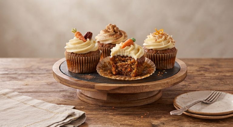 Cuatro cupcakes de zanahoria con glaseado sobre un soporte giratorio de madera, uno abierto al frente con un mordisco.