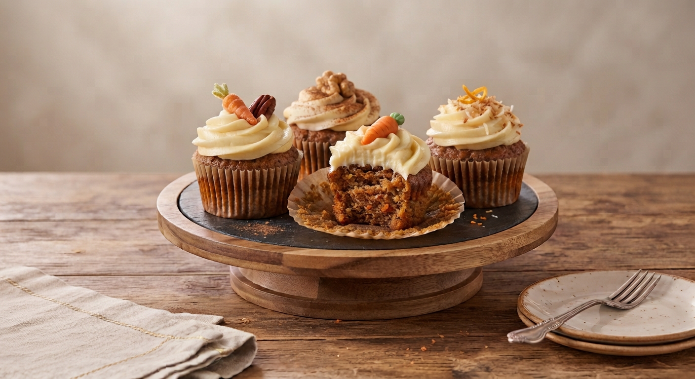 Cuatro cupcakes de zanahoria con glaseado sobre un soporte giratorio de madera, uno abierto al frente con un mordisco.