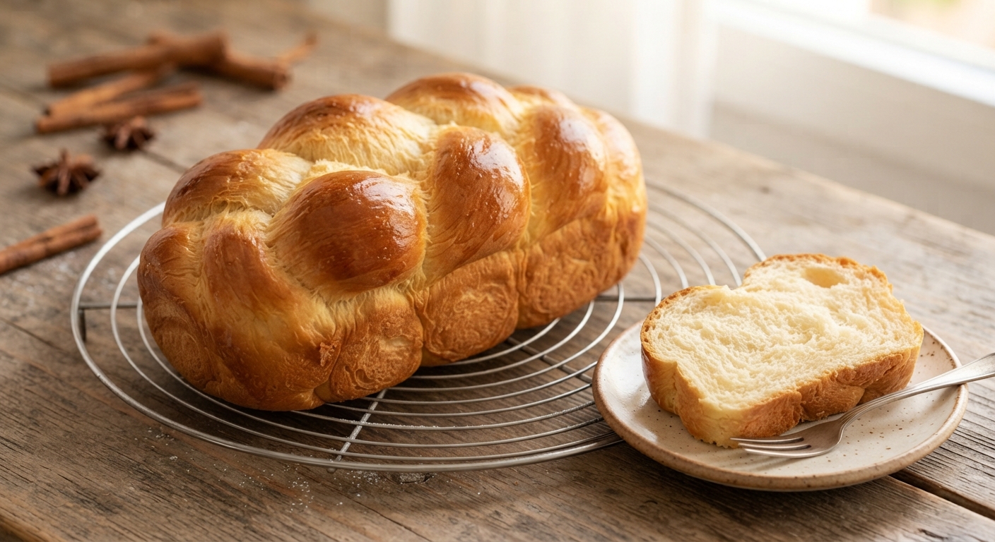 Pan trenzado dorado tipo jalá o brioche en rejilla con una rebanada en un plato, sobre una mesa de madera rústica.