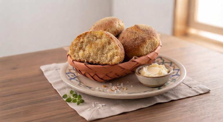 Panes de coco costeño casero redondos en una cesta de mimbre, uno de ellos partido a la mitad, junto a un recipiente con mantequilla sobre una mesa.