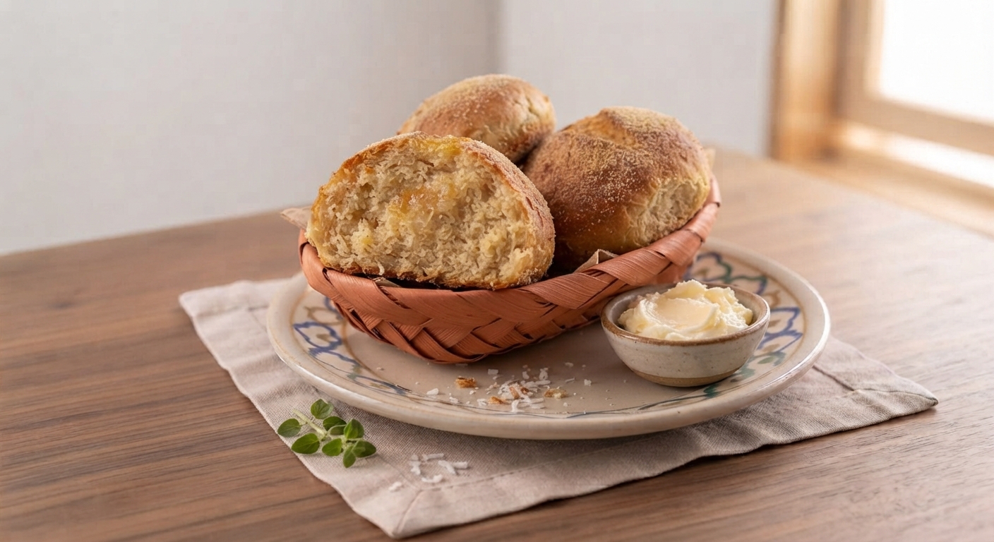 Panes de coco costeño casero redondos en una cesta de mimbre, uno de ellos partido a la mitad, junto a un recipiente con mantequilla sobre una mesa.