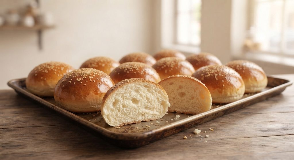 Pan de hamburguesa casero sobre una lata de hornear encima de una mesa de madera