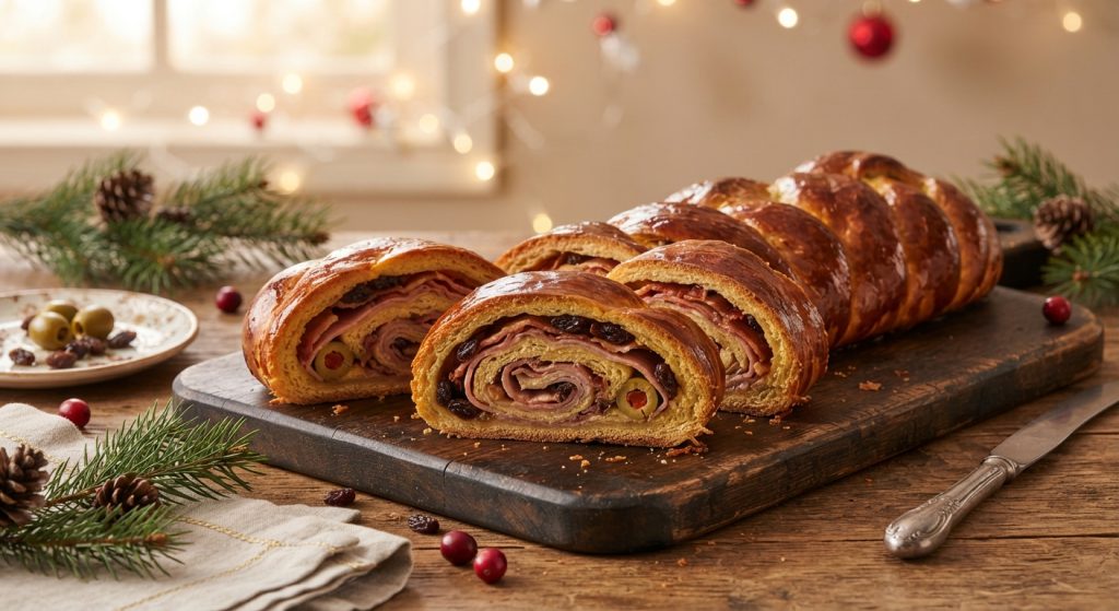 Pan de jamón navideño trenzado y glaseado sobre una tabla oscura, con rebanadas que muestran el relleno de jamón, pasas y aceitunas.