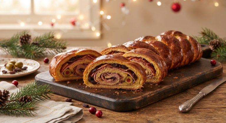 Pan de jamón navideño trenzado y glaseado sobre una tabla oscura, con rebanadas que muestran el relleno de jamón, pasas y aceitunas.