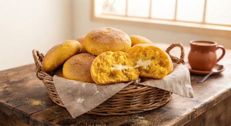 Panes redondos de maíz en una cesta de mimbre, con un pan partido al centro que muestra queso derretido, al lado de una taza de café sobre una mesa rústica.