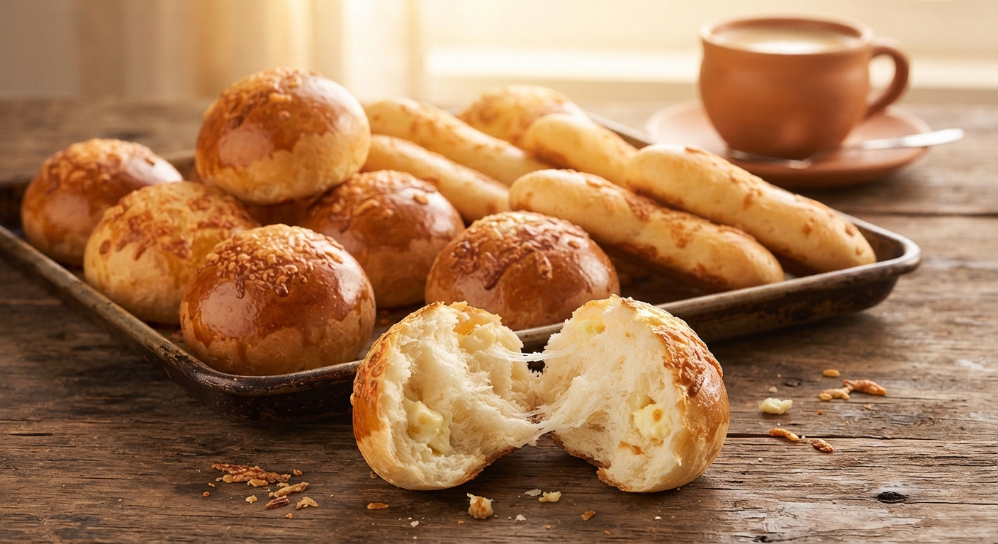 Pao de queijo partido mostrando queso derretido en su interior, con más panes en una bandeja y café al fondo sobre madera.