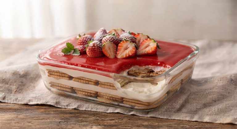Postre Napoleón de fresa en molde de vidrio, cubierto con mermelada roja y fresas frescas sobre mesa de madera.