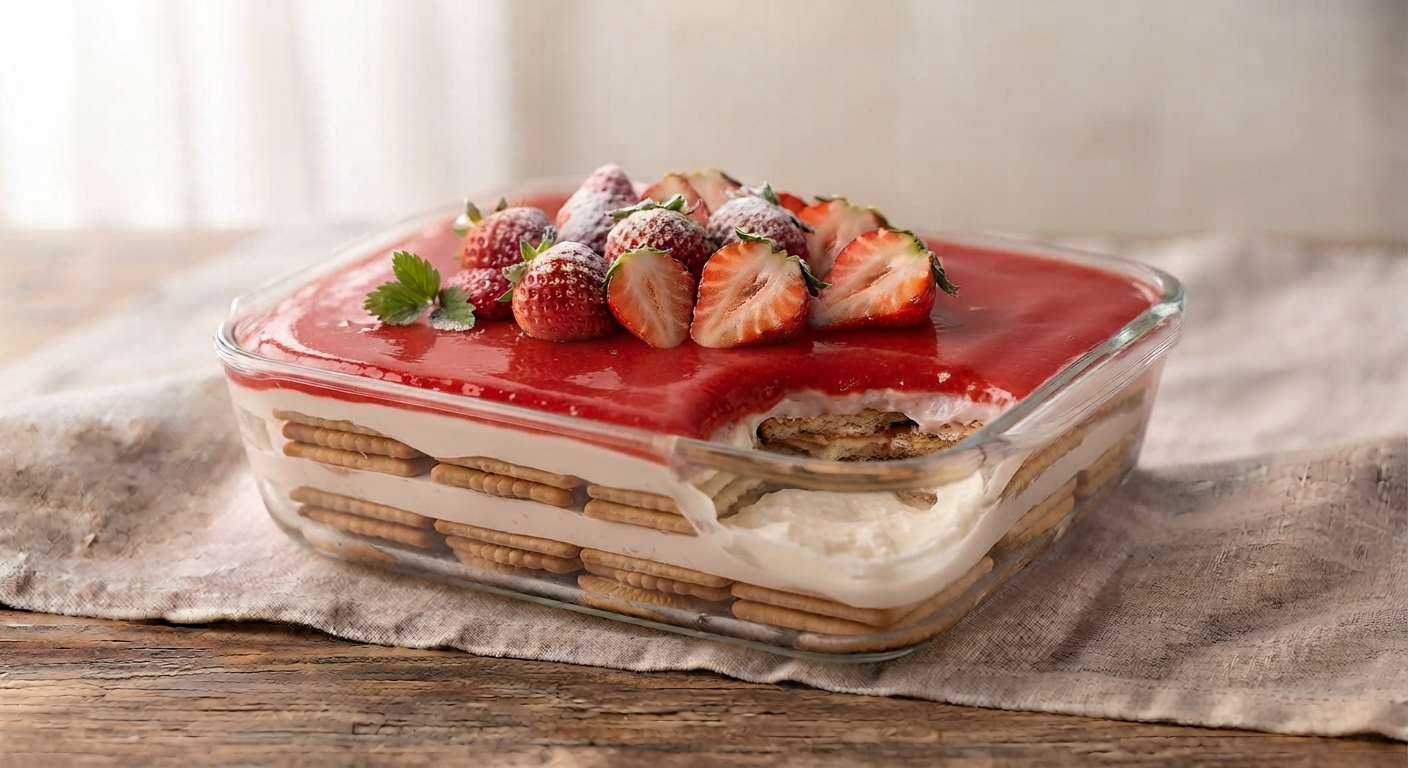 Postre Napoleón de fresa en molde de vidrio, cubierto con mermelada roja y fresas frescas sobre mesa de madera.