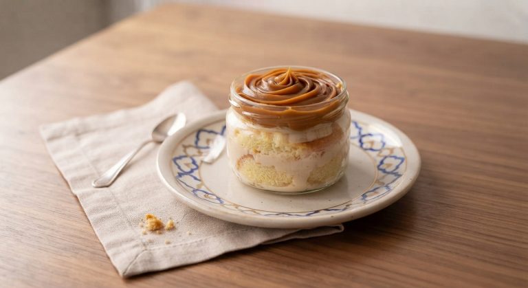 Postre de tres leches en tarro de vidrio con capas de bizcocho, crema y una espiral de dulce de leche en un plato.