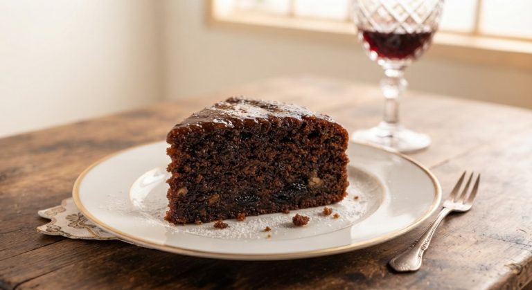 Una porción de torta negra navideña con pasas y nueces en un plato blanco con borde dorado, junto a una copa de vino tinto sobre una mesa de madera.