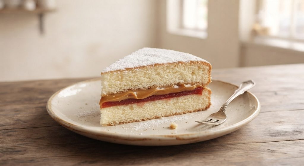 Rebanada de bizcocho relleno de dulce de leche y mermelada con azúcar glas en un plato con tenedor sobre mesa de madera.