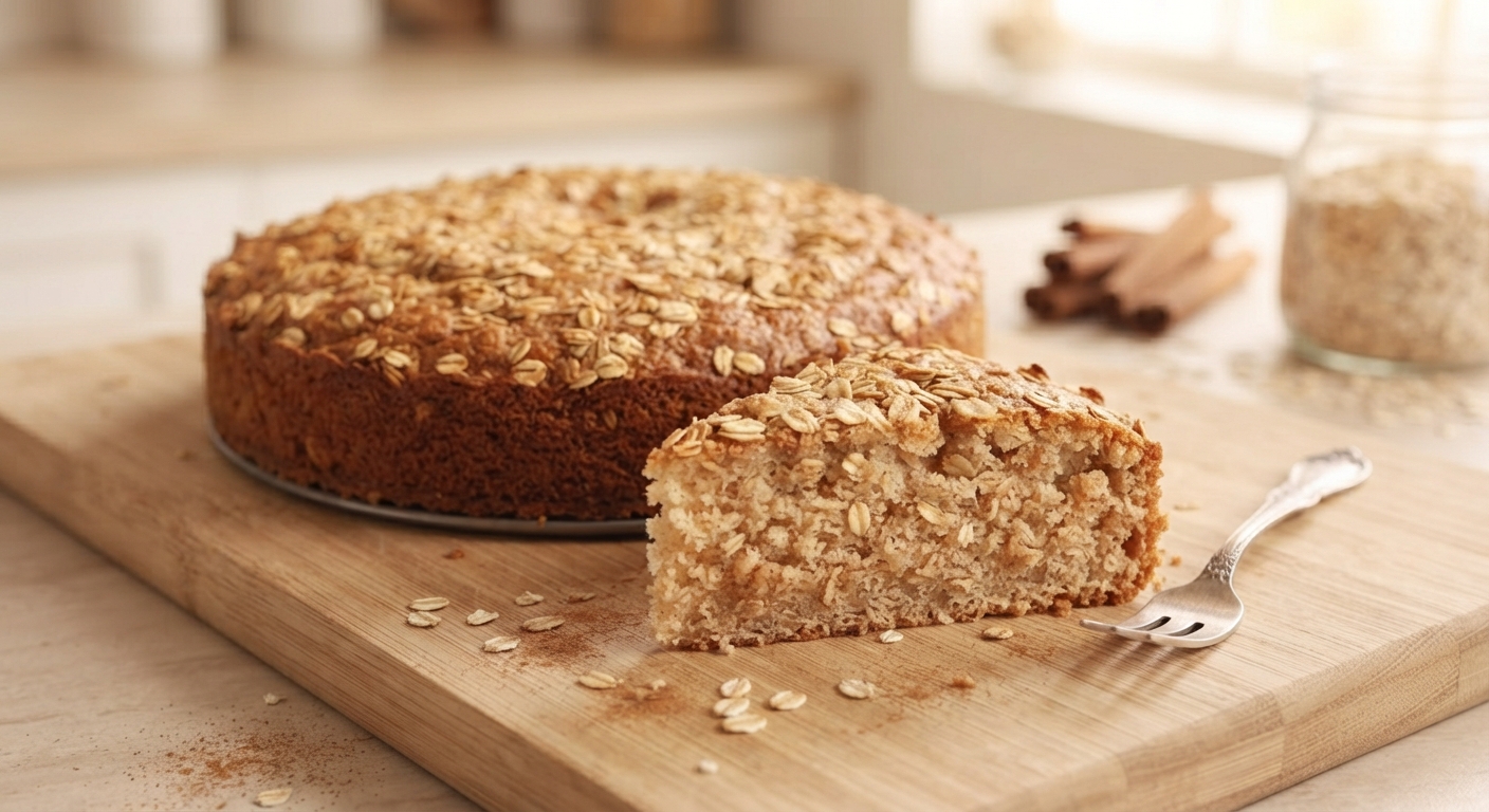 Torta de avena y canela sobre mesa de madera