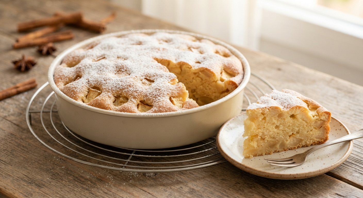 Pastel de manzana espolvoreado con azúcar glas en un molde redondo y una rebanada servida en un plato con tenedor.