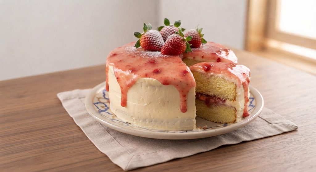 Pastel de dos pisos con crema, salsa chorreando y fresas encima, con una rebanada cortada sobre mesa de madera.