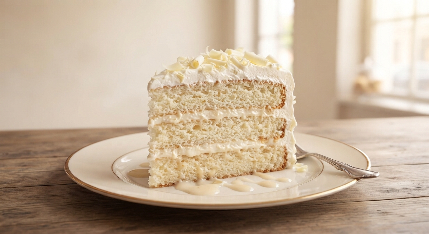 Rebanada de pastel de tres leches de tres capas con crema y virutas de chocolate blanco en un plato sobre mesa de madera.